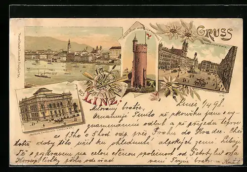 Lithographie Linz, Panorama vom Wasser aus, Franz Josef-Platz