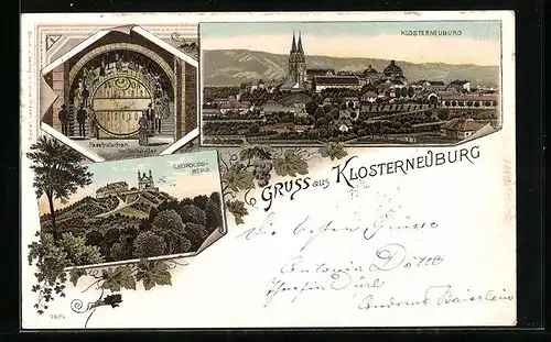 Lithographie Klosterneuburg, Leopoldsberg, Fassrutschen im Stiftskeller, Totalansicht