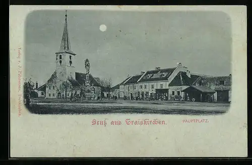 Mondschein-AK Traiskirchen, Kirche am Hauptplatz bei Vollmond
