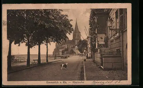AK Emmerich a. Rh., Rheinufer mit Kirche und Hund