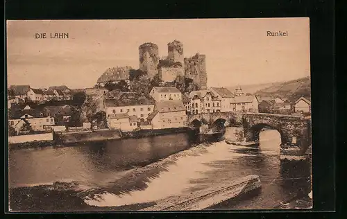 AK Runkel, Ortsansicht mit Brücke und Fluss