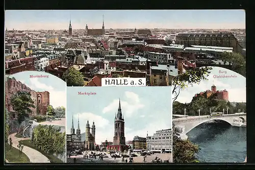 AK Halle a. S., Panorama der Stadt, Moritzburg, Marktplatz