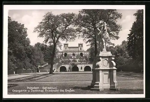 AK Potsdam, Schloss Sanssouci, Orangerie und Denkmal Friedrichs des Grossen