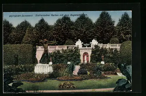 AK Potsdam, Schloss Sanssouci, Sizilianischer Garten mit dem Bogenschützen