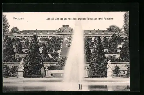 AK Potsdam, Schloss Sanssouci mit den grossen Terrassen und Fontaine