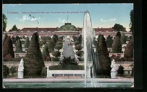 AK Potsdam, Schloss Sanssouci mit den Terrassen und der grossen Fontaine
