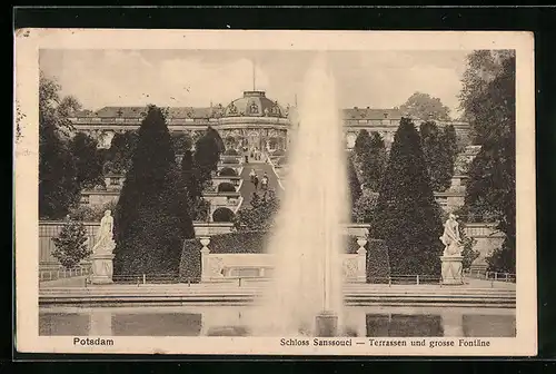 AK Potsdam, Schloss Sanssouci - Terrassen und grosse Fontaine