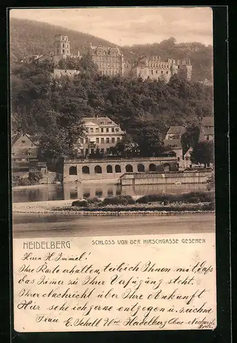 AK Heidelberg, Heidelberger Schloss von der Hirschgasse gesehen