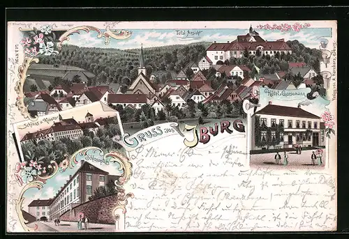 Lithographie Iburg, Totalansicht, Hotel Gersemann, Schloss und Kloster, Schlossplatz