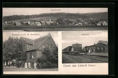 AK Lintorf /Hann., Gasthaus von H.W. Horstmann, Totalansicht, Bahnhof