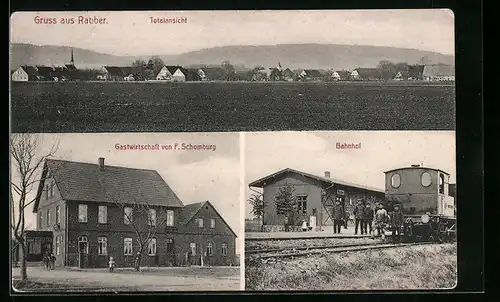 AK Rabber, Totalansicht, Gasthaus von F. Schomburg, Bahnhof
