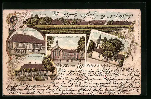 Lithographie Schwagstorf, Hotel Broermann, Kath. Kirche, Pfarrhaus