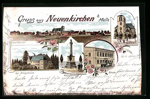 Lithographie Neuenkirchen bei Melle., Totalansicht, Kirche, Kriegerdenkmal, Gut Königsbrück