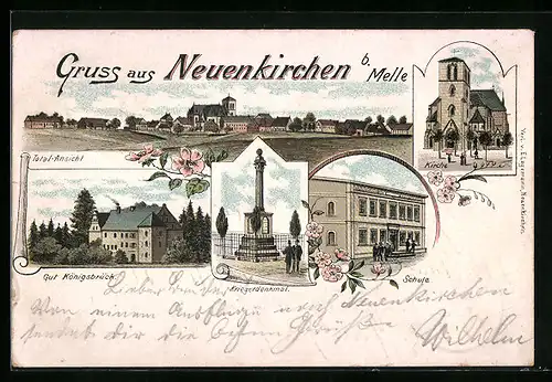 Lithographie Neuenkirchen bei Melle, Totalansicht, Kirche, Kriegerdenkmal, Gut Königsbrück