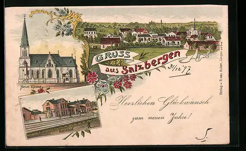 Lithographie Salzbergen, Neue Kirche, Bahnhof, Teilansicht