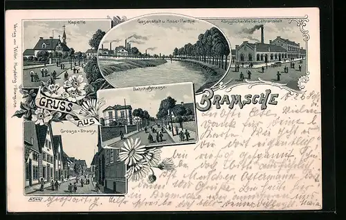 Lithographie Bramsche, Kapelle, Gasanstalt und Hase-Partie, Königliche Webe-Lehranstalt, Grosse-Strasse, Bahnhofstrasse