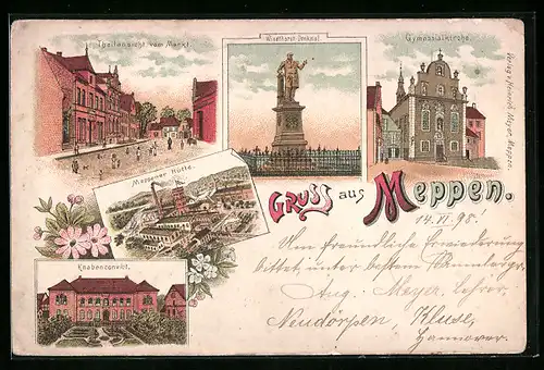 Lithographie Meppen, Teilansicht vom Markt, Windthorst-Denkmal, Gymnasialkirche, Meppener Hütte, Knabenconvict