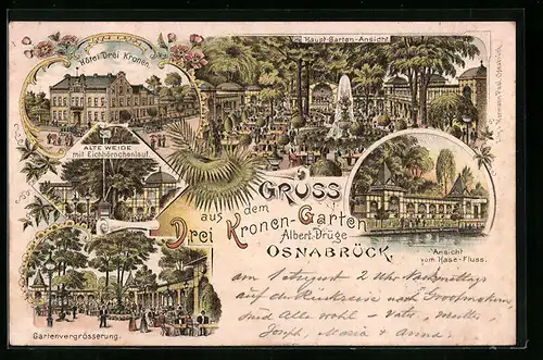 Lithographie Osnabrück, Hotel Drei Kronen, Alte Weide mit Eichhörnchenlauf