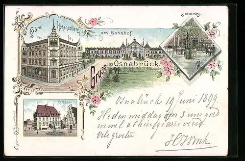 Lithographie Osnabrück, Hotel Hohenzollern, Rathaus