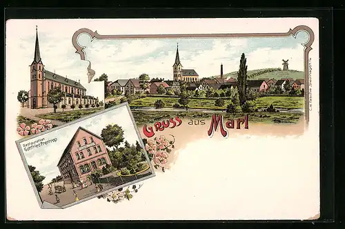 Lithographie Marl, Restaurant Gottfried Frentrop, Kirche, Totalansicht