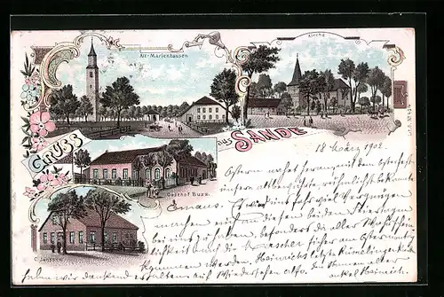 Lithographie Sande, Gasthof Buss, Haus C. Janssen, Alt-Marienhausen