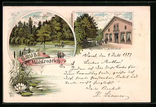 Lithographie Varel, Restauration am Mühlenteich, Bootspartie