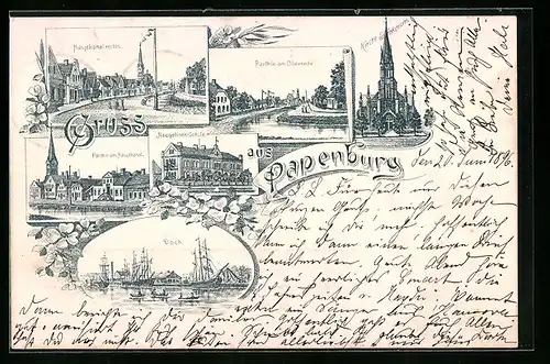 Lithographie Papenburg, Hauptkanal, Parthie am Oberende, Doch, Navigations-Schule