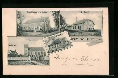 AK Rhede i. Hann., Geschäftshaus Kösters, Molkerei, Schule