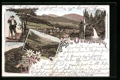 Lithographie Oberstaufen, Weissachthal, Bad Rain, Wasserfall