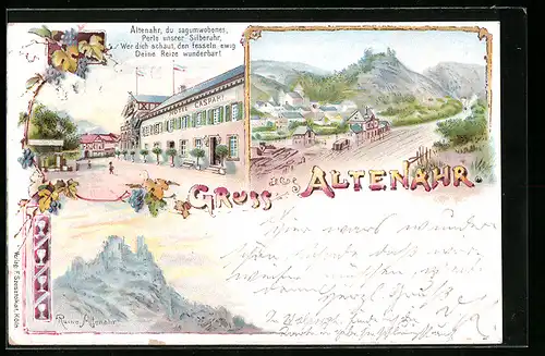 Lithographie Altenahr, Hotel Gaspari, Ruine