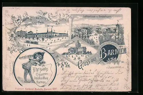 Lithographie Barmen, Ausstellungs-Halle, Luftkurhaus und Toelleturm, Ruhmeshalle