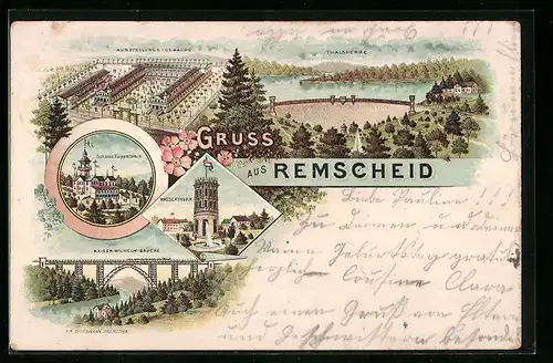 Lithographie Remscheid, Ausstellungs-Gebäude, Talsperre, Schloss Küppelstein, Wasserturm, Kaiser-Wilhelm-Brücke
