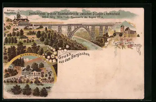 Lithographie Müngsten, Ortsansicht, Schloss Küppelstein, Deutschlands längste Eisenbahnbrücke