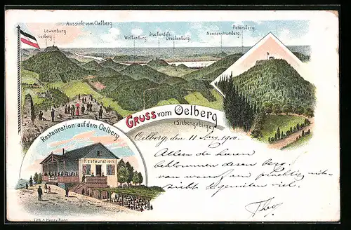 Lithographie Oelberg /Siebengebirge, Aussicht vom Oelberg, Restauration auf dem Oelberg
