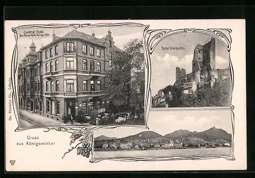 AK Königswinter, Central-Hotel, Panorama, Ruine Drachenfels
