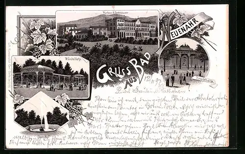 Lithographie Bad Neuenahr, Kurhotel und Kurgarten, Wandelbahn, Trinkhalle