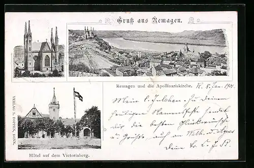 AK Remagen, Ortsansicht, Apollinariskirche, Hotel auf dem Victoriaberg