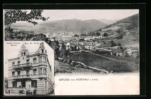 AK Adenau i. Eifel, Ortsansicht mit Hotel Halber Mond, Bes.: W. Floss