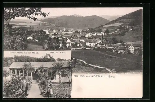 AK Adenau i. Eifel, Ortsansicht und Garten Hotel Halber Mond, Bes.: W. Floss