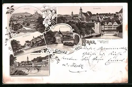 Lithographie Hall /Württ., Gesamtansicht mit Einkorn, Kettensteg