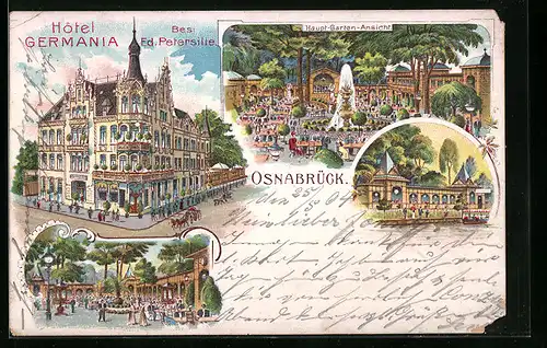 Lithographie Osnabrück, Hotel Germania mit Strasse und Garten
