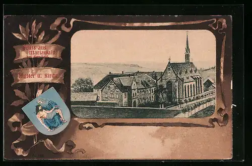 AK Mariawald bei Gemünd, Kloster und Kirche von oben gesehen, Pieta-Wappenbild