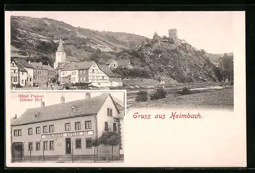 AK Heimbach /Eifel, Ortsansicht mit Burg, Hotel Pieper, Eifeler Hof