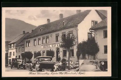 AK Heimbach /Eifel, Hotel Weisspflog Eifeler Hof, Strassenansicht mit Automobilen