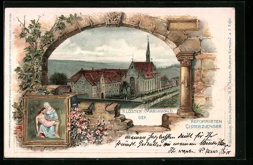 Präge-Lithographie Mariawald, Kloster aus der Vogelschau, Pieta