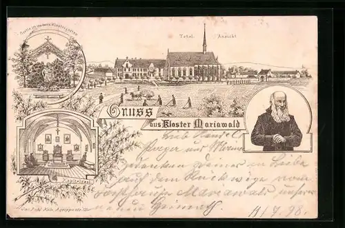 Lithographie Mariawald, Totalansicht des Klosters, Abt