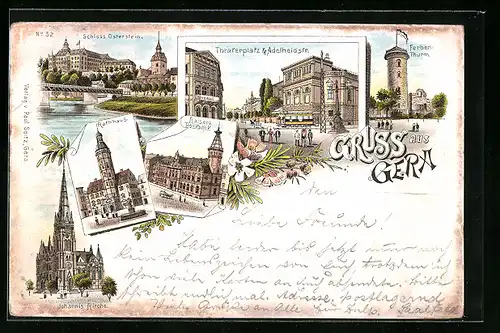 Vorläufer-Lithographie Gera, 1894, Ferber-Thurm, Theaterplatz & Adelheidstrasse