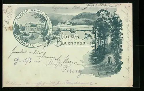 Lithographie Bauenhaus-Rath, Restaurant-Pension H. Bremecker mit Waldpartie