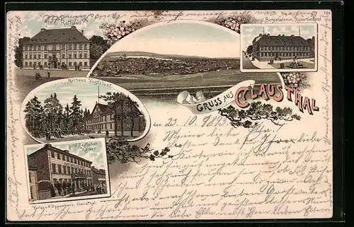 Lithographie Clausthal, Hotel Rathaus und Hotel Deutscher Kaiser