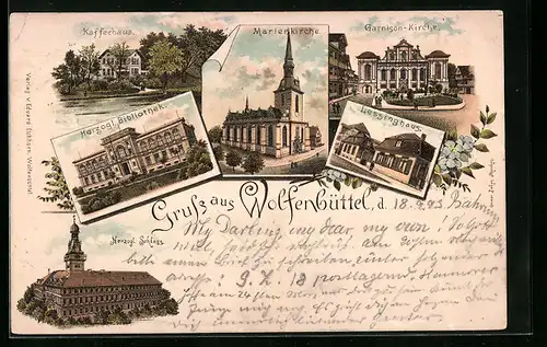 Vorläufer-Lithographie Wolfenbüttel, 1893, Lessinghaus, Herzogliche Bibliothek, Marienkirche